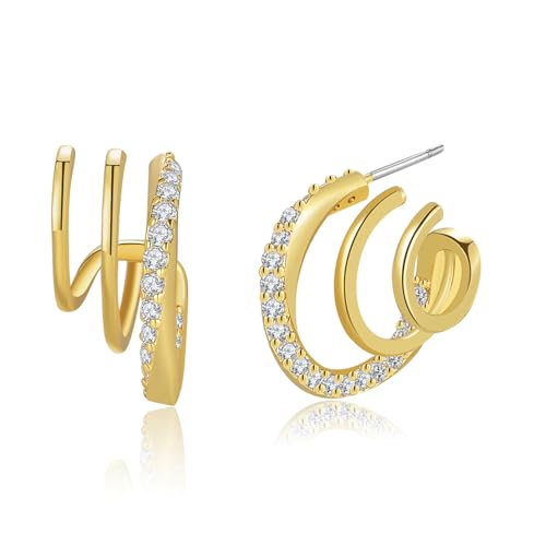 Image of Obidos 14K Gold Plated Illusion Stud Earrings for Women | Triple Huggie Hoop Earrings for One Hole| Trendy Simple Hypoallergenic Fashion Accessories Gold Jewelry Gifts for Womens