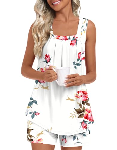 Image of LONGYUAN Womens Sleeveless Pajama Set Soft Summer Lounge Shorts Tank Top Sleepwear with Pockets 2 Piece Set M-3XL
