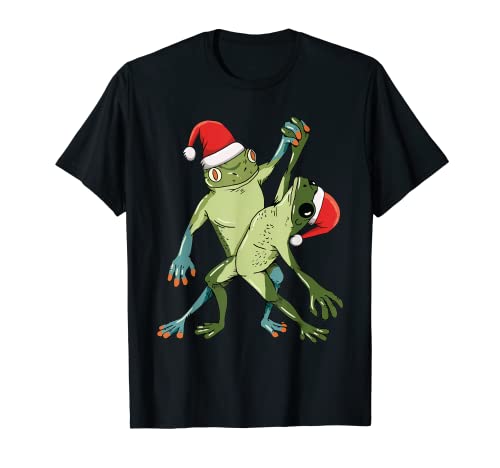 Ranas bailando pijamas de Navidad lindo animal Papá Noel sombrero Camiseta