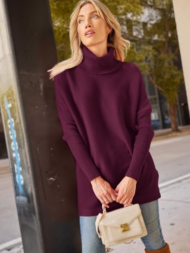 Image of LILLUSORY Women's Turtleneck Oversized Sweaters Long Batwing Sleeve Spilt Hem Tunic Pullover Knit Tops