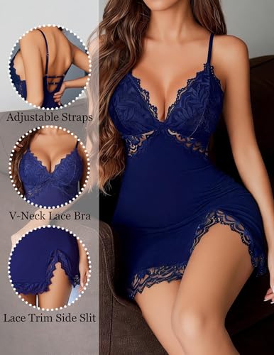 Image of Avidlove Women's Lingerie Lace Nightgown Babydoll Modal Chemise Spaghetti Strap Sleepwear Sexy Slip Side Nightwear