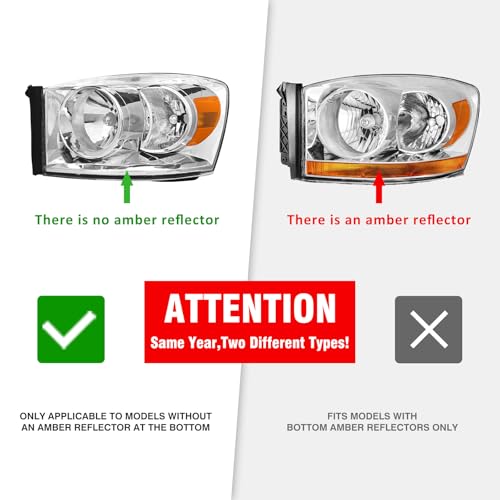 ADCARLIGHTS Headlight Assembly Pair for 2006-2008 Dodge Ram 1500 2006-2009 Dodge Ram 2500 3500 Clear Lens Chrome Housing Amber Reflector Left Right W/O Bulbs by ADCARLIGHTS - Image 3