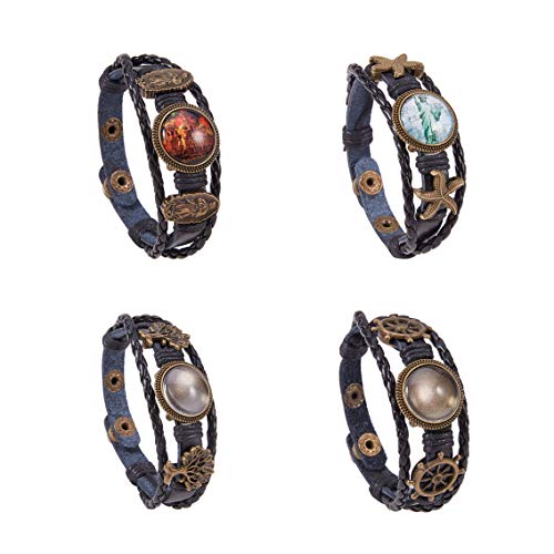 SUNNYCLUE DIY 4 Sets Braided Leather Bracelet Making Kit Multilayer Rope Bangle Cuff Wristband with Blank Alloy Cabochon Bezel Tray, Clear Glass Cabochon 18mm, Button Adjust, Mixed Shapes