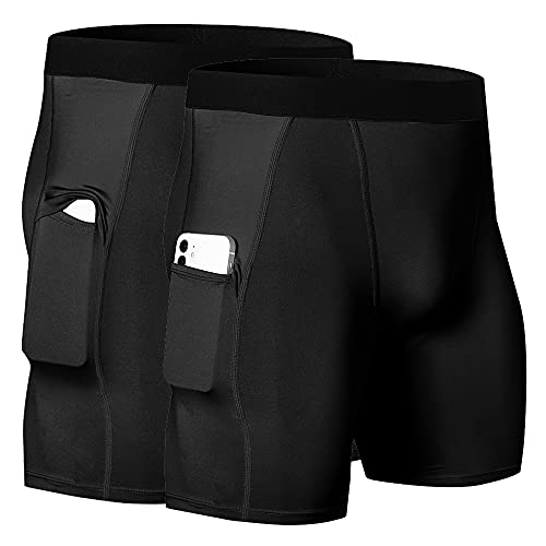 Wragcfm Mens Compression Shorts Pack,Men's Running Athletic Compression Shorts Underwear For Men With Phone Pockets Workout Active Sports Gym Compression Shorts Quick Dry(Black+Black,M) #TOP15