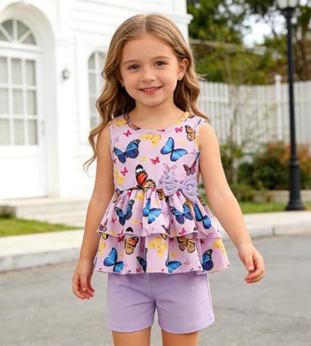 Image of Girls 2 Piece Outfit Summer Short Set Sleeveless Bow Knot Tank Top and Shorts Cute Clothes for Toddler Girls