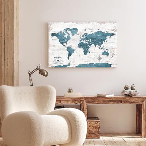 Image of IPIC - Antique Blue World Travel Map, Pin Board Canvas Wall Art, Travel Map with Pins Included, Ready to Hang for Home or Office, 24x16 Inch