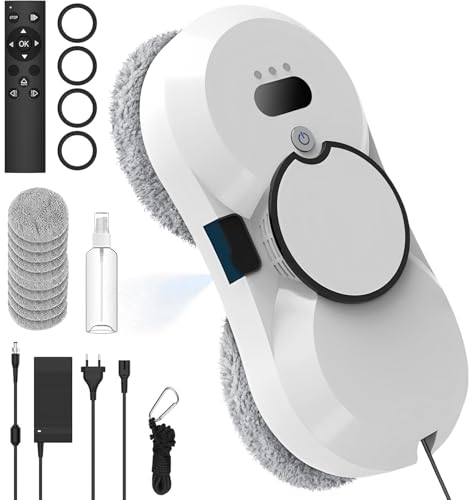 Robot pulitore di vetro, 5600 Pa di aspirazione, robot pulitore automatico di vetro, sistema di sicurezza, navigazione intelligente, telecomandata, per tutte le superfici lisce, con 10 panni (A)