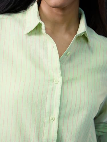 Image of The Souled Store Cotton Linen: High Tide Women and Girls Full Sleeves Spread Collar Light Blue Striped Cotton Linen Blend Regular Fit Lightweight All-Season Shirt