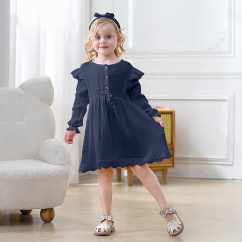Sinhoon Toddler Fall Dress Baby Girl Dress Ruffle Long Sleeve Toddler Girl Dress Smocked Baby Fall Dresses with Bow Headband3