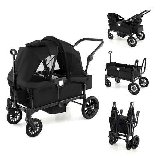 COSTWAY Stroller Wagon for 2 Kids Push Pull Double Stroller with Adjustable Handle Removable Canopy Cup Holder Food Tray 3-Point Harness Folding Camping Cart Trolley (Black)
