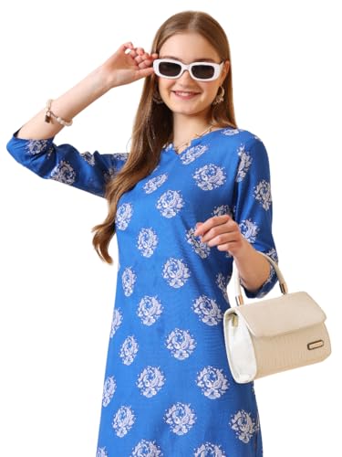 Image of Women's Viscose Rayon Printed A-Line Kurta - 3 /4 Sleeve Ethnic Tunic for Casual Long Kurta 1061