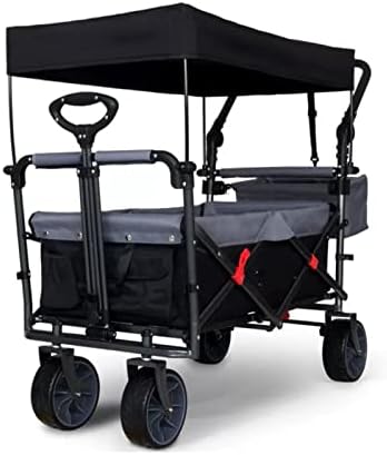 2 Seater Folding Wagon Stroller,Stroller Wagon Collapsible Kids Wagon with Seats and Harnesse,Folding Stroller Cart with Canopy for Babies, Toddlers and Kids,Black