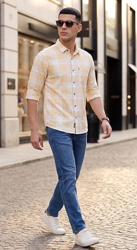Image of Afflatus Men's Cotton Blend Slim Fit Checks Shirt | Full Sleeves Stylish Men Shirt | Regular Collar | Casual Shirts for Men
