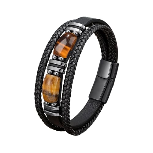JENCVNL Herren Lederarmband, Tigerauge Lederarmband Herren Tigerauge Mehrlagiges Geflochtenes Leder Armband mit Magnetverschluss für Männer Jungen (Schwarz, 21)