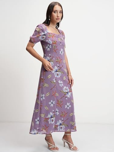 Image of Tokyo Talkies Women's Elegant Floral | A-Line Midi Dress | Sweetheart Neck | Short Sleeves |Front Slit & Gathered Detail