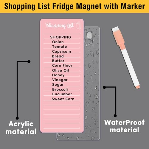 Image of Clickedin Magnetic Shopping List Grocery Fridge Magnet, 10x24 cm Acrylic Board with Marker (Baby Pink)