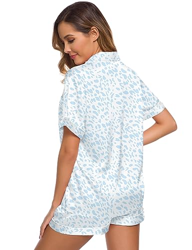 Image of SWOMOG Women Pajamas Set Silk Satin Short Sleeve Sleepwear Button Down Loungewear Pjs