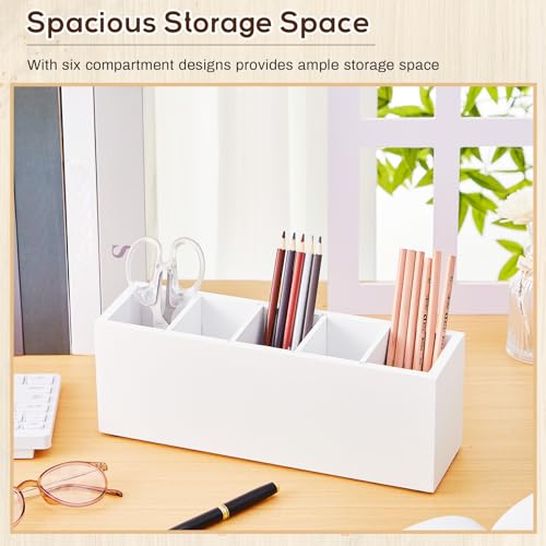 Image of Jetec Wooden Pencil Pen Holder for Desk 5 Compartments Cosmetic Makeup Brush Stationery Office Desktop Organizers for Countertop Adjustable Silverware Caddy for Party, Art Supplies,Home(White)