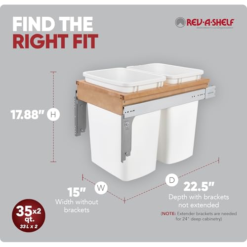 Image of Rev-A-Shelf Double Top-Mount Pullout Trash Can, Min Opening 15 inch W, 35 Qt
