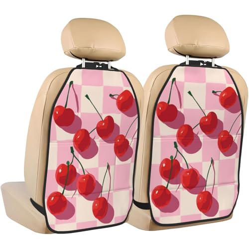 Minimalist Cherries On Pink White Checker Car Seat Back Kick Protectors,2 Pack Kick Mats with Storage Pockets for Vehicles to Protect from Dirt Mud Scratches