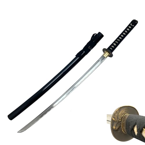HMS Japanese Samurai Katana Unsharpened Training Sword, Wolf Tsuba, Functional, Handmade, Aluminum Alloy, Full Tang