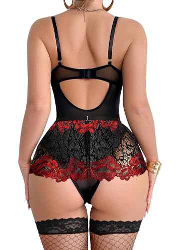 Image of Foxiny Sexy Lingerie Set 3 Piece Women Corset Bodysuit | Sheer Mesh Lace Push-Up Underwire Heart Garter Stocking Plus Size Curvy Exotic Costume Halloween Christmas Valentine's Day