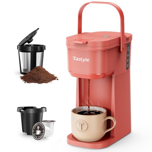 Image of Tastyle Single Serve One Cup Coffee Maker, for K Cups and Grounds, Mini Coffee Maker with Portable Handle, 6 to 12 Oz Brew Size, for Travel, Camping, Office, RV and Dorm, 120V, Salmon Pink
