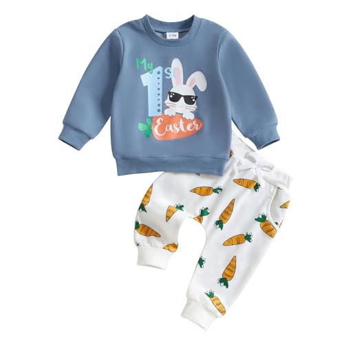 Loalirando Toddler Baby Boys Easter Outfits Bunny Letter Carrot Print Long Sleeve Sweatshirts Tops Jogger Pants 2Pcs Spring Fall 2Pcs Clothes Set (Blue, 6-12 Months)