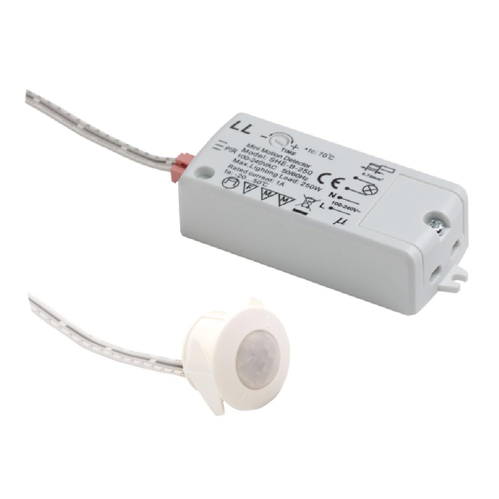 White Round Fascia PIR Sensor Switch | Head Diameter 24.3mm | 240 Volts | 250W Max Load | Adjustable Time Delay | 2.5M Range | 1.5M Cable