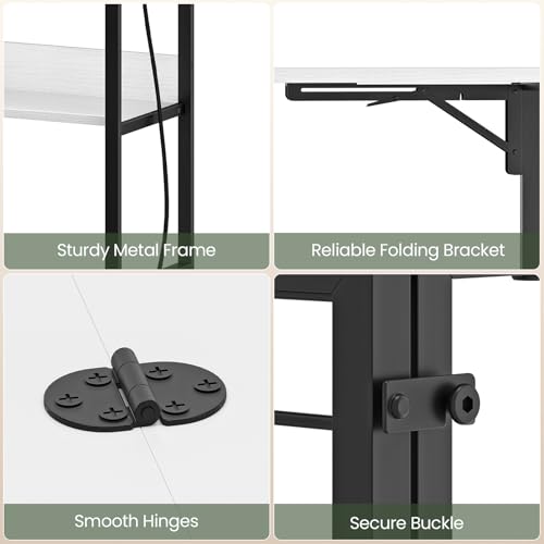 CHOEZON Folding Sewing Table with Charging Station, Sewing Machine Table with Shelf, Wire Baskets & Hooks, Craft Desk with Adjustable Feet and Wheels, Black and White TPS19UBW - Thumbnail 5