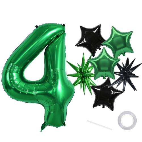 Image of TONIFUL 4th Birthday Balloons 40 Inch Green Large Number 4 Foil Balloon 18 Inch Helium Mylar Heart Star Shaped Ballons for Boys Men Birthday Anniversary Graduation New Year Eve Party Decoration