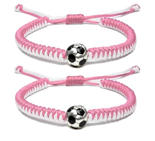 Lavoio Handmade Soccer Bracelet – Multicolor Adjustable Football Jewelry, Perfect Gifts for Soccer Fans, Coaches, and Players – Ideal for Birthdays, Tournaments, and Team Souvenirs (Pink 2PCS)
