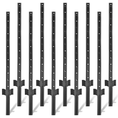 Toriexon Metal Fence Posts 4 FT Black 10 Pack Heavy Duty U Posts No Dig T Posts for Fences Wire Mesh Perfect for Temporary Fencing Electric Fence Wire Corner Anchor