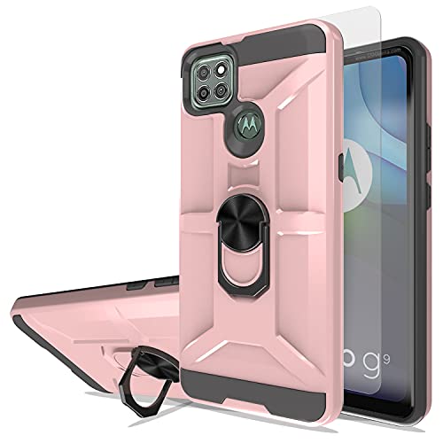 Wtiaw:Moto G9 Power Case,Motorola G9 Power Case with HD Screen Protector,360 Degree Rotation Metal Ring Grip Phone Ring Holder Finger Kickstand TPU+PC Material Case for Moto G9 Power-KJ Rose Gold