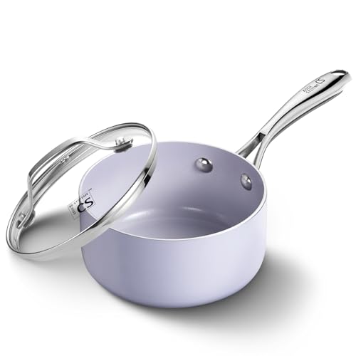 KOCH SYSTEME CS Nonstick Sauce Pan with Lid, 1 Quart Saucepan with Lid, 1 QT Nonstick Ceramic Small Sauce Pan with Stainless Steel Handle, Non-Toxic Ceramic Saucepan, Oven Safe, Purple
