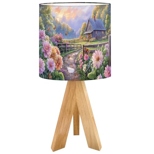OEPWQIWEPZ Tripod Bedside Desk Table Lamp Whimsical Floral Garden Butterflies Antique Gardening Tools Art Wood Nightstand Lamp with Linen Fabric Shade for Nursery Bedroom Living Room Kids Room