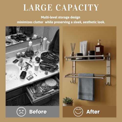 Image of GLOXY Premium Washroom Storage Organizer Rack Shelf with Bathroom Towel Hanger 15 inch -Combo Pack of 3 Stainless Steel Chrome Finish Heavy Bathroom Fittings Accessories Set for Home, Office & Hotel