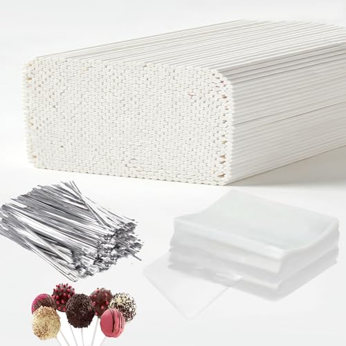 Basquei 900 Pcs Cake Pop Kit Cake Pop Sticks 6 Inches, Cake Pop Bags (3.9"X4.7"), Silver Metallic Twist Ties, Used for, Lollipops Cake, Candies, Chocolates Making Tools