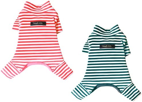 Hdwk&Hped Soft Cotton Dog Pajamas for All Seasons, Striped Pet Bottoming Jumpsuit for Small Dog Cat Puppy (#4, Striped Style - 2-Pack(red&Dark Green))