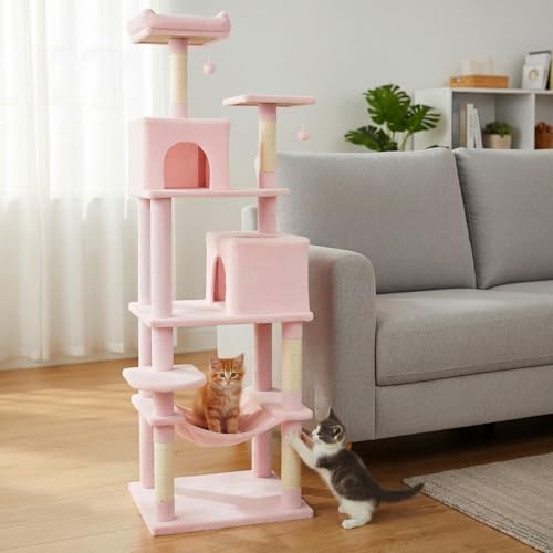 Torre para gatos indoor 75 pulgadas con postes de sisal rosa miniatura 3