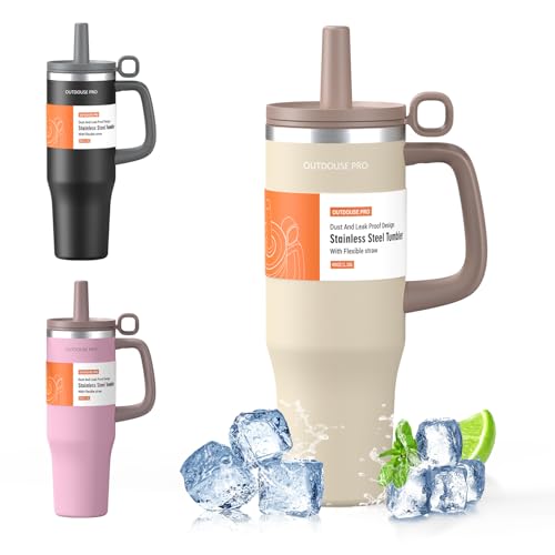 1200ml Taza Térmica - Vaso Térmico con Asa y Pajita - Termo Café sin BPA 1.2L - Taza para Beber Caliente y Frío - Marrón Claro