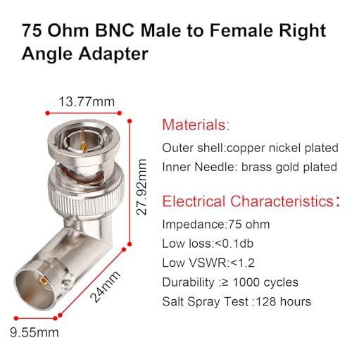 Conector BNC macho a hembra de 90 grados para cables de vídeo HD SDI de 75 ohmios 4