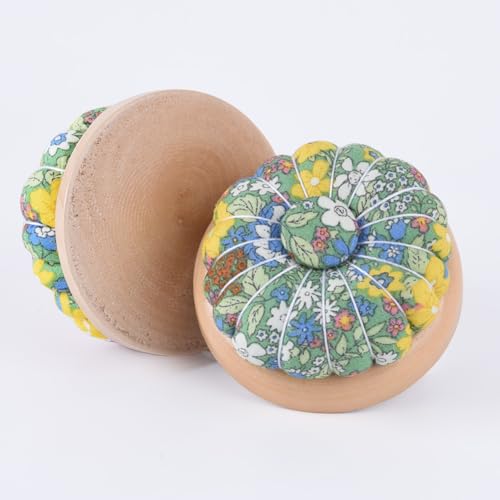 1Pcs Pumpkin Pin Cushion with Magnetic, Wooden Base Cute Needle Pincushions Japanese Style Pin Cushions Needle Holders for Sewing Quilting Accessory or DIY Crafts.Blue Green Floral