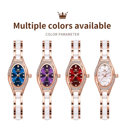 Image of OLEVS Women's Quartz Watches - Elegant Oval Diamond Dress Watch with Ceramic Band, 30M Waterproof Ladies Wrist Watch for Dress & Casual Wear (Rose Gold Blue /Red /Purple /White)