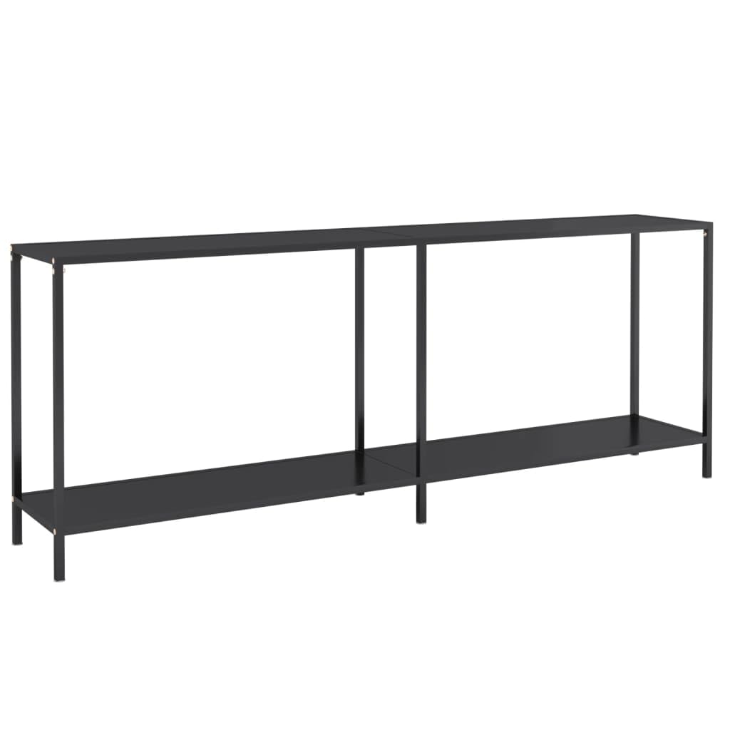 Stolik konsolowy, czarny, 200 x 35 x 75,5 cm, szkło hartowane, stal malowana proszkowo, elegancki stół do przedpokoju z dolną półką, stabilna konstrukcja do salonu, jadalni, biura