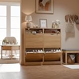 ELUCHANG Zapatero Estrecho con 4 Solapas & Compartimentos Abiertos, Mueble Zapatero Armario Moderno para Entrada, Recibidor y Dormitorio, Madera en Natural, 100x17x100cm