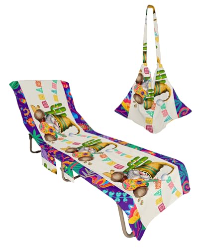 Mexican Gnomes, Beach Lounge Chair Towel Cover, Soft Chaise Lounge Towel with Side Pockets Patio Pool Chairs Cover for Beach/Pool Sunbathing 29x85 Boho Colorful Cactus Guitar Dwarf