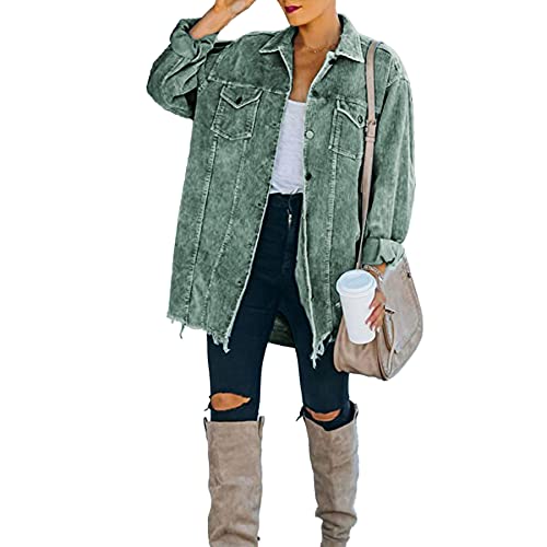 Ainangua Women's Oversized Corduroy Shirts Long Sleeve Button Down Retro Jacket Coat Shacket Medium Green