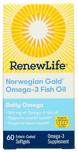 Renew Life Norwegian Gold Daily Omega Softgels, Daily Supplement Supports Heart, Brain and Joint Health, EPA and DHA Omega-3 Fish Oil, Dairy and gluten-free, 364 Mg, 60 Count Renew Life Norwegian Gold Daily Omega Softgels, Daily Supplement Supports Heart, Brain and Joint Health, EPA and DHA Omega-3 Fish Oil, Dairy and gluten-free, 364 Mg, 60 Count