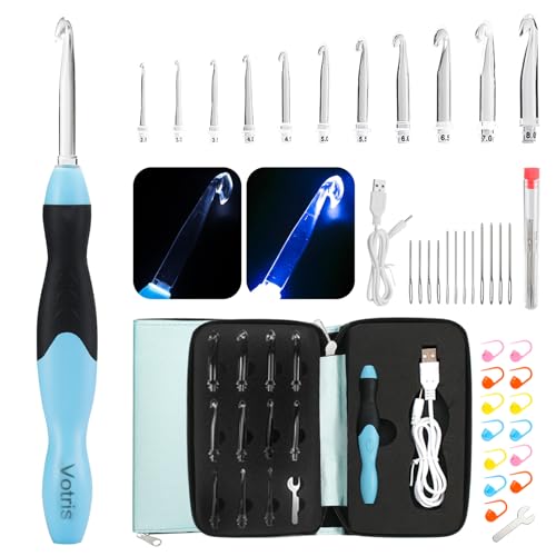 Votris Light up Crochet Hook Set - 11 in 1 Lighted Crochet Hook Set for Beginners, Ergonomic Soft Grip, Rechargeable Light, Interchangeable Heads - Ideal Crochet Hooks Kit